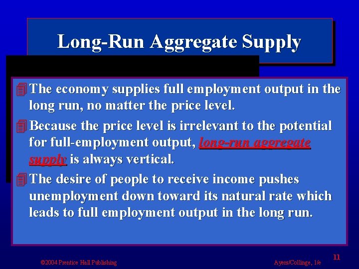 Long-Run Aggregate Supply 4 The economy supplies full employment output in the long run,