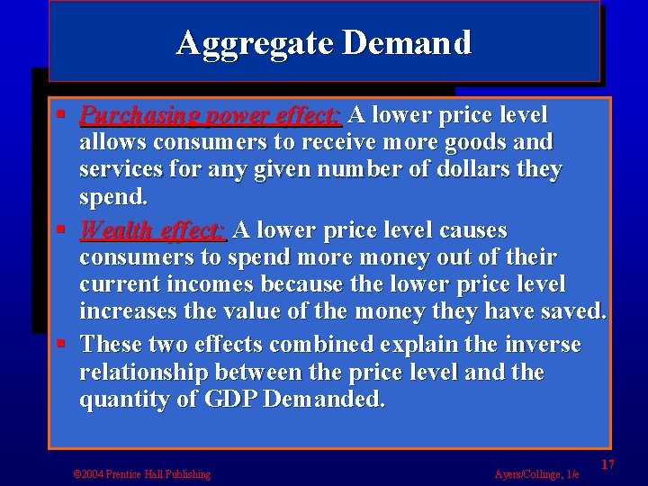 Aggregate Demand § Purchasing power effect: A lower price level allows consumers to receive