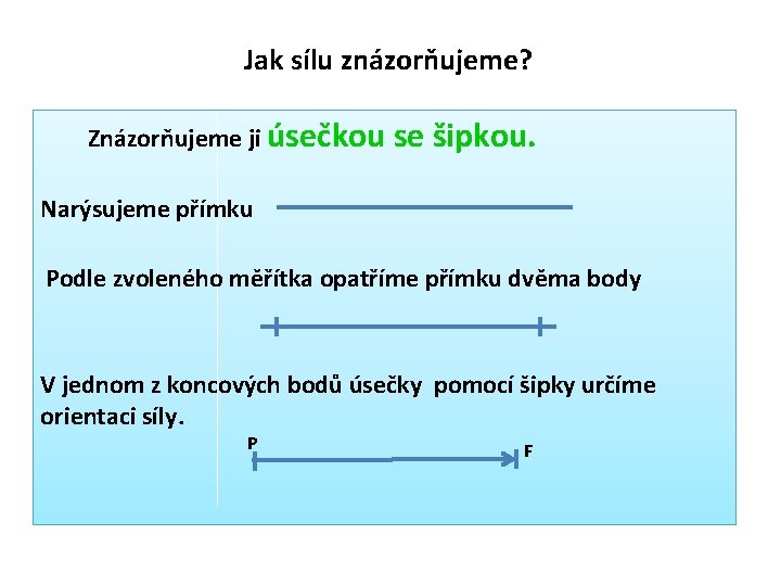 Jak sílu znázorňujeme? Znázorňujeme ji úsečkou se šipkou. Narýsujeme přímku Podle zvoleného měřítka opatříme