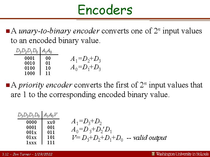 Encoders n. A unary-to-binary encoder converts one of 2 n input values to an