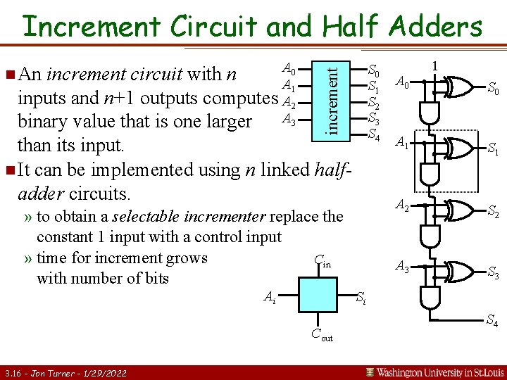 Increment Circuit and Half Adders A 0 increment circuit with n A 1 inputs