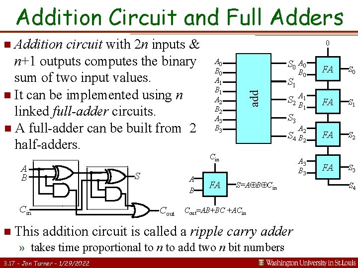Addition Circuit and Full Adders n Addition 0 A 0 B 0 A 1