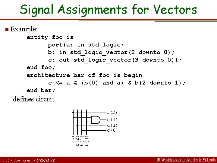 Signal Assignments for Vectors n Example: entity foo is port(a: in std_logic; b: in