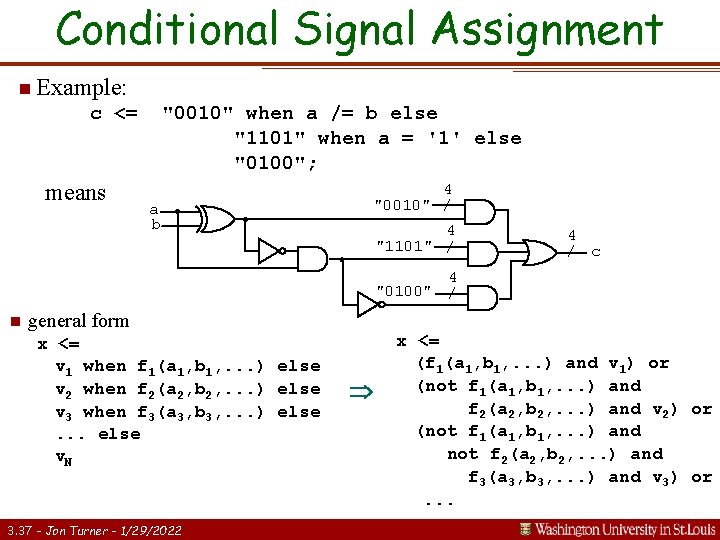Conditional Signal Assignment n Example: c <= means "0010" when a /= b else