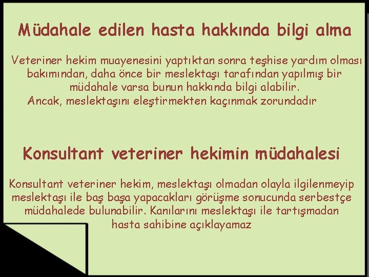 Müdahale edilen hasta hakkında bilgi alma Veteriner hekim muayenesini yaptıktan sonra teşhise yardım olması