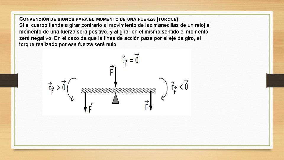 CONVENCIÓN DE SIGNOS PARA EL MOMENTO DE UNA FUERZA (TORQUE) Si el cuerpo tiende