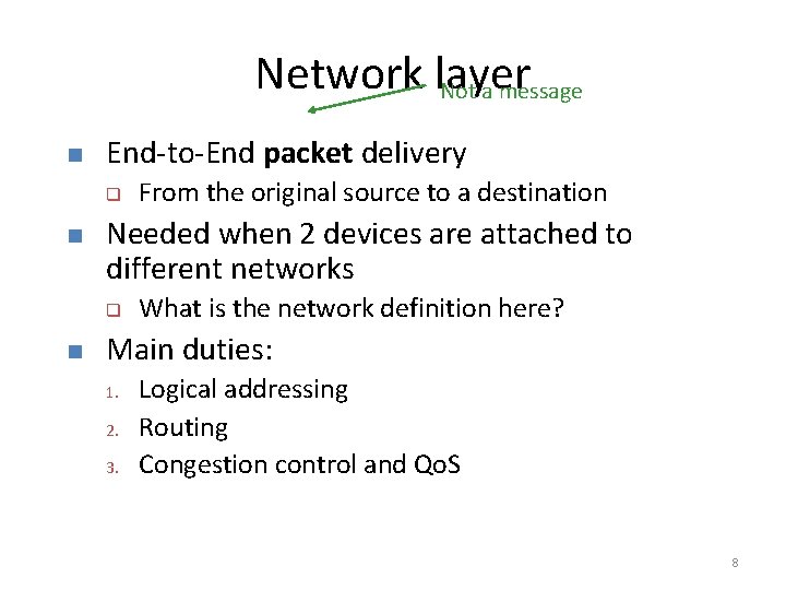 Network layer Not a message n End-to-End packet delivery q n Needed when 2