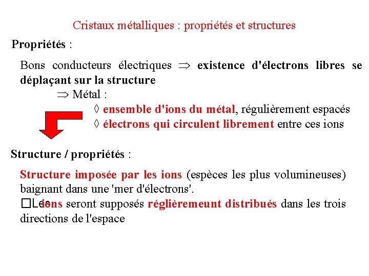 Cristaux métalliques : propriétés et structures Propriétés : Bons conducteurs électriques existence d'électrons libres