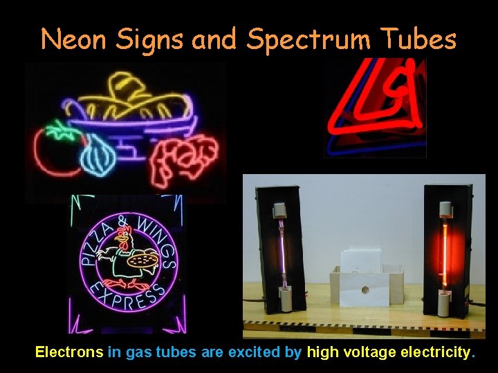 Neon Signs and Spectrum Tubes Electrons in gas tubes are excited by high voltage