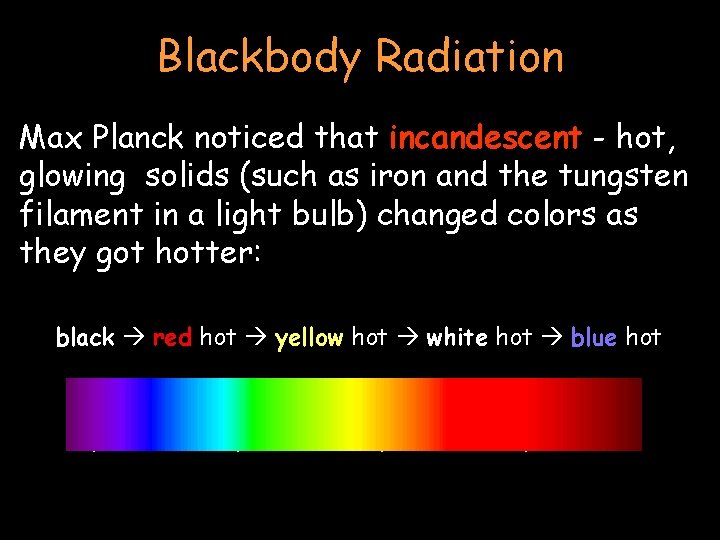 Blackbody Radiation Max Planck noticed that incandescent - hot, glowing solids (such as iron