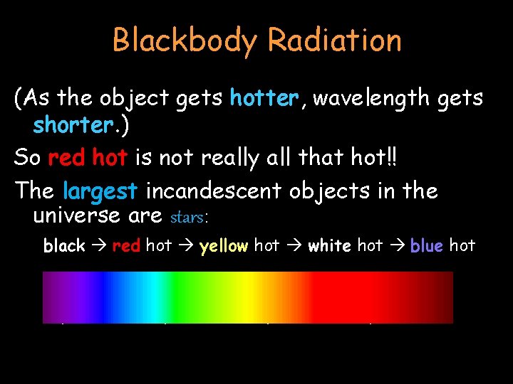Blackbody Radiation (As the object gets hotter, wavelength gets shorter. ) So red hot