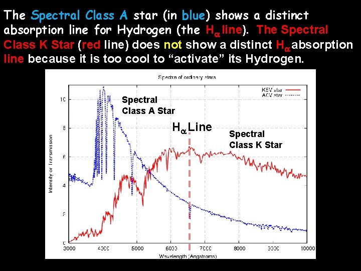 The Spectral Class A star (in blue) shows a distinct absorption line for Hydrogen