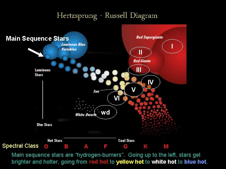 Hertzsprung - Russell Diagram Main Sequence Stars I II IV V VI wd Spectral