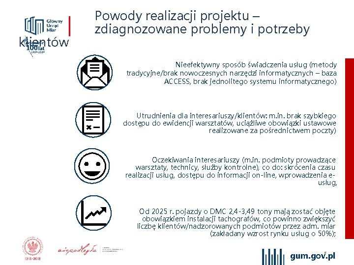 klientów Powody realizacji projektu – zdiagnozowane problemy i potrzeby Nieefektywny sposób świadczenia usług (metody