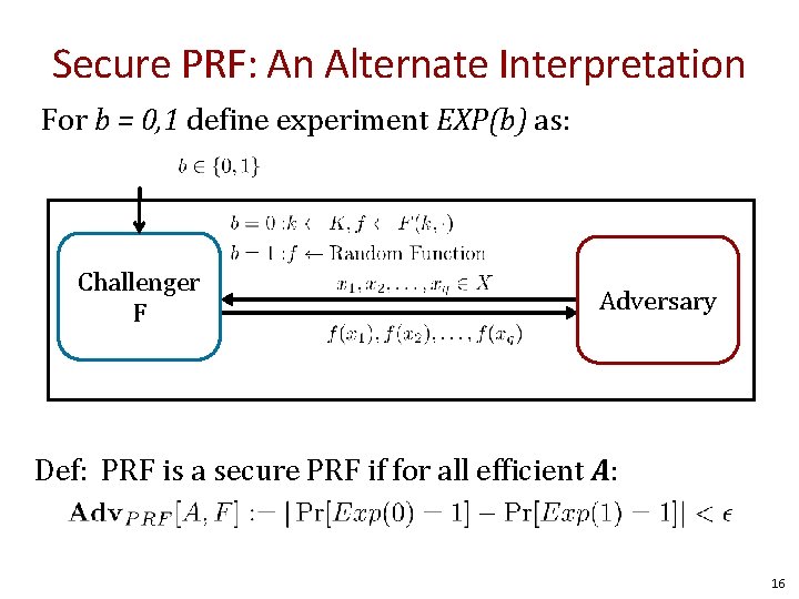 Secure PRF: An Alternate Interpretation For b = 0, 1 define experiment EXP(b) as: