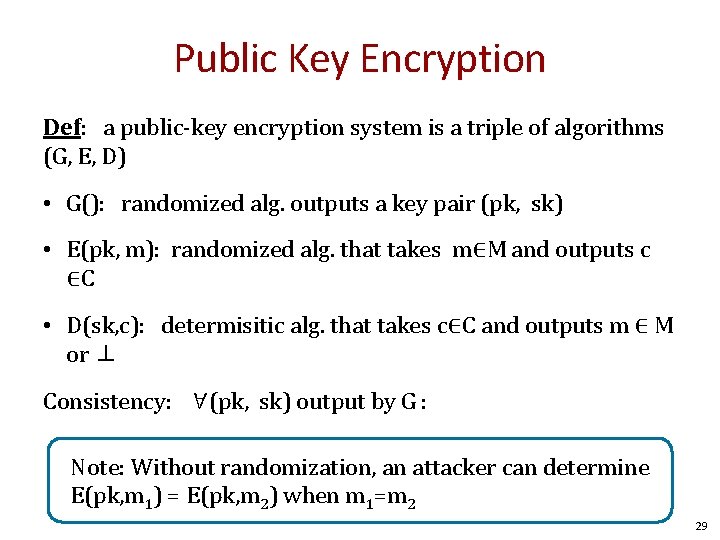 Public Key Encryption Def: a public-key encryption system is a triple of algorithms (G,