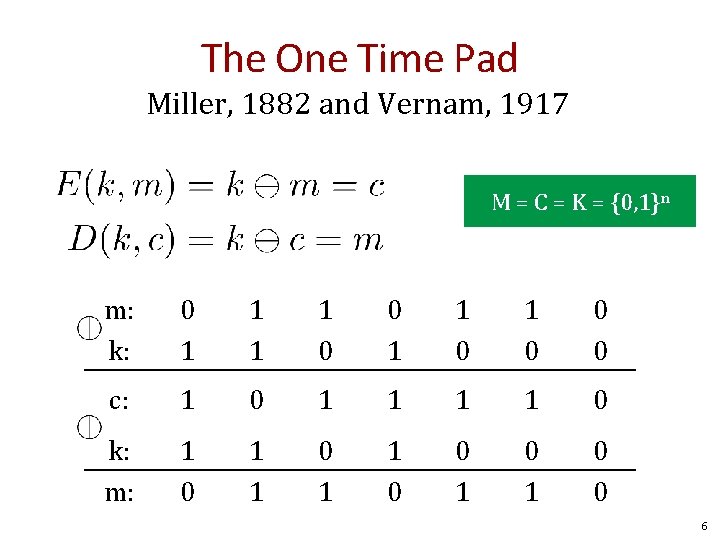 The One Time Pad Miller, 1882 and Vernam, 1917 M = C = K