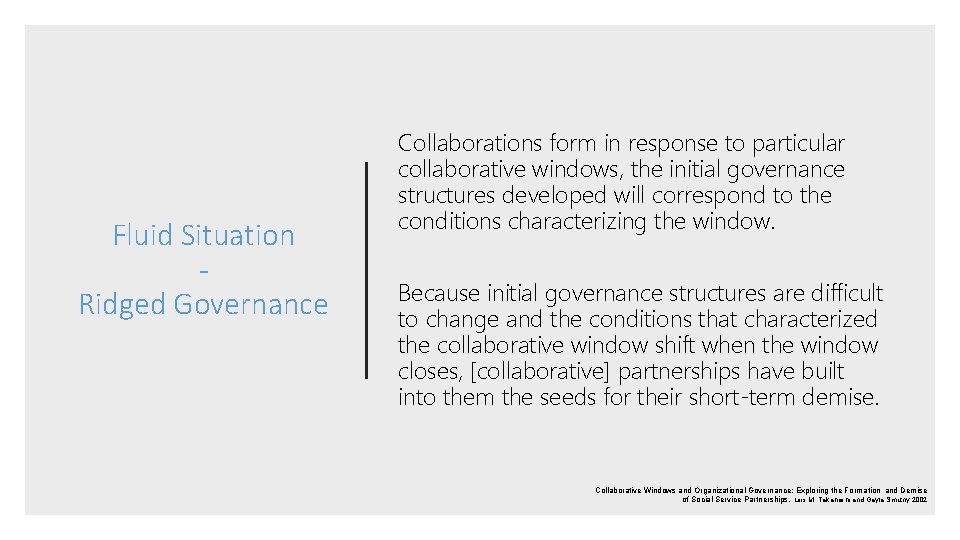 Fluid Situation Ridged Governance Collaborations form in response to particular collaborative windows, the initial