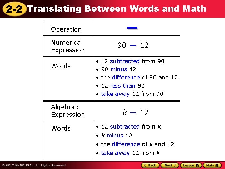2 -2 Translating Between Words and Math Operation Numerical Expression Words Algebraic Expression Words