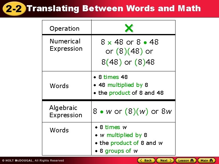 2 -2 Translating Between Words and Math Operation 8 48 or (8)(48) or 8(48)