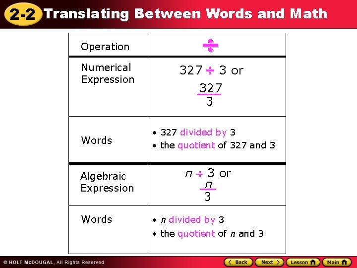 2 -2 Translating Between Words and Math Operation Numerical Expression Words Algebraic Expression Words