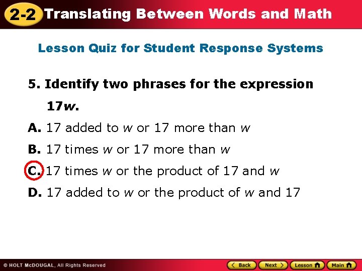 2 -2 Translating Between Words and Math Lesson Quiz for Student Response Systems 5.