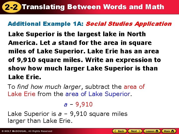 2 -2 Translating Between Words and Math Additional Example 1 A: Social Studies Application