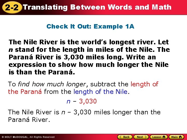 2 -2 Translating Between Words and Math Check It Out: Example 1 A The