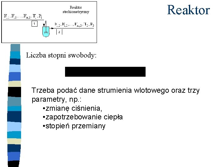 Reaktor stechiometryczny Reaktor Liczba stopni swobody: Trzeba podać dane strumienia wlotowego oraz trzy parametry,