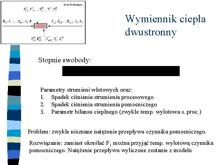 Wymiennik ciepła dwustronny Stopnie swobody: Parametry strumieni wlotowych oraz: 1. Spadek ciśnienia strumienia procesowego