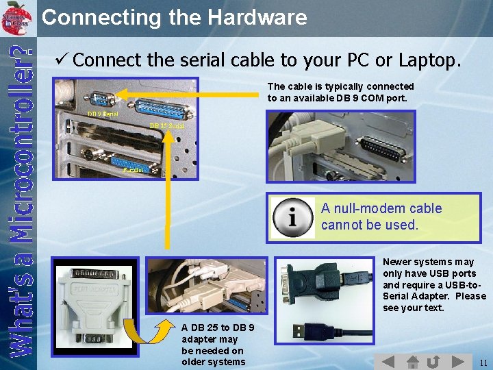 Connecting the Hardware ü Connect the serial cable to your PC or Laptop. The