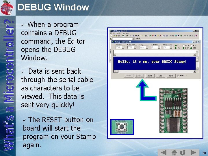DEBUG Window When a program contains a DEBUG command, the Editor opens the DEBUG