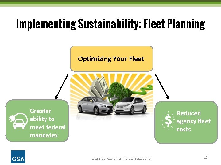 Implementing Sustainability: Fleet Planning Optimizing Your Fleet Greater ability to meet federal mandates Reduced