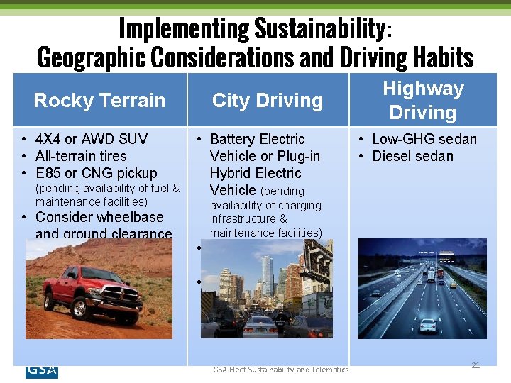 Implementing Sustainability: Geographic Considerations and Driving Habits Rocky Terrain • 4 X 4 or