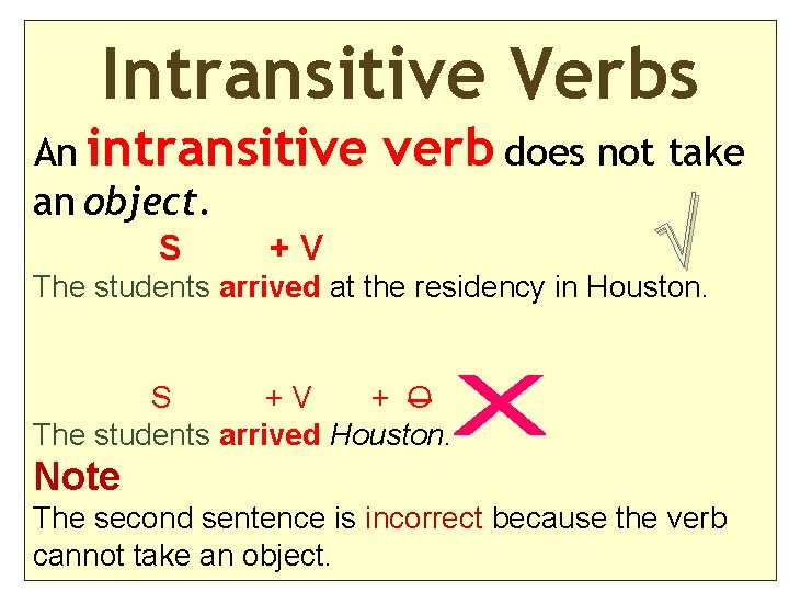 Intransitive Verbs An intransitive an object. S verb does not take +V √ The