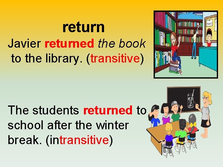 return Javier returned the book to the library. (transitive) The students returned to school