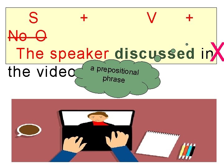 S + V + No O The speaker discussed in a prepositio the video.