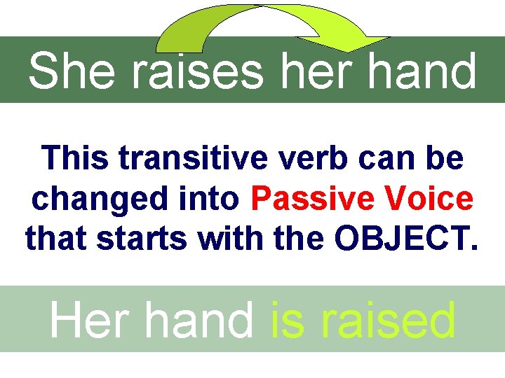 She raises her hand This transitive verb can be changed into Passive Voice that