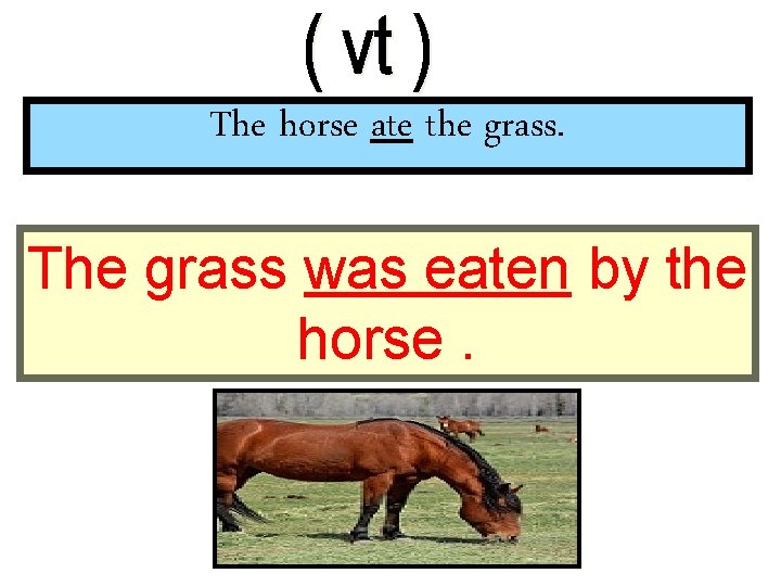 The horse ate the grass. The grass was eaten by the horse. 