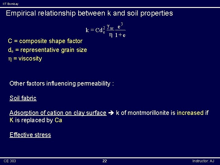 IIT Bombay Empirical relationship between k and soil properties k = Cd e 2
