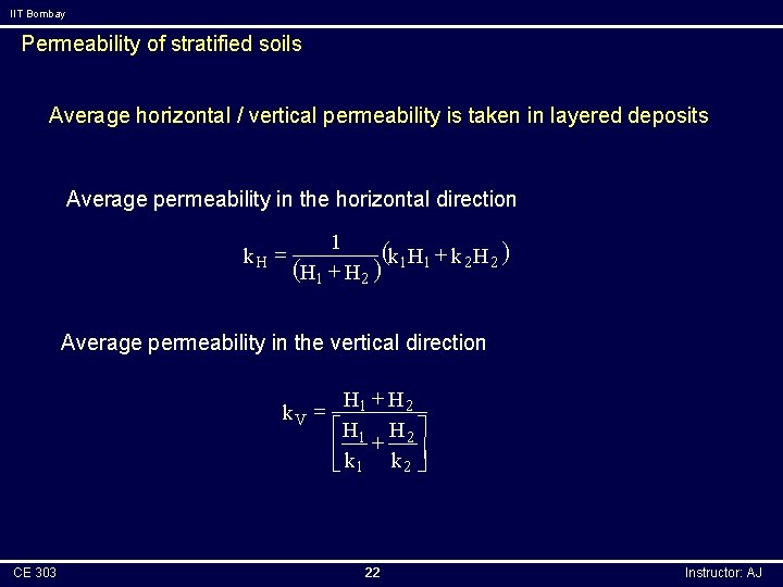 IIT Bombay Permeability of stratified soils Average horizontal / vertical permeability is taken in