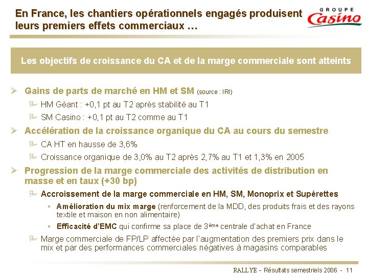 En France, les chantiers opérationnels engagés produisent leurs premiers effets commerciaux … Les objectifs