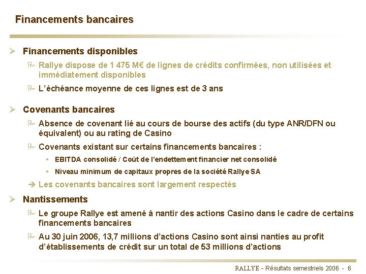 Financements bancaires Ø Financements disponibles P Rallye dispose de 1 475 M€ de lignes