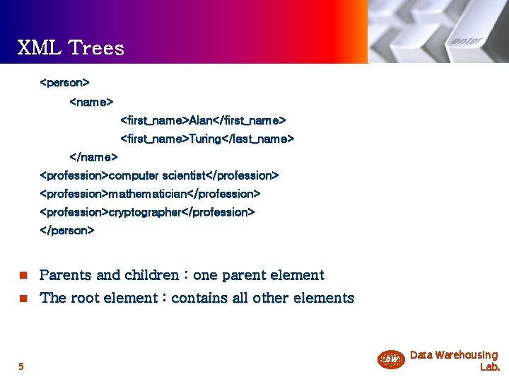 XML Trees <person> <name> <first_name>Alan</first_name> <first_name>Turing</last_name> </name> <profession>computer scientist</profession> <profession>mathematician</profession> <profession>cryptographer</profession> </person> n Parents