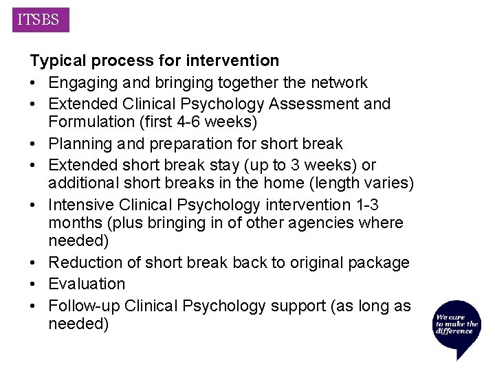 ITSBS Typical process for intervention • Engaging and bringing together the network • Extended