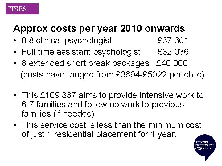ITSBS Approx costs per year 2010 onwards • 0. 8 clinical psychologist £ 37