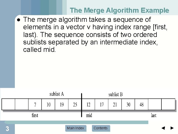 l 3 The Merge Algorithm Example The merge algorithm takes a sequence of elements l 3 The Merge Algorithm Example The merge algorithm takes a sequence of elements