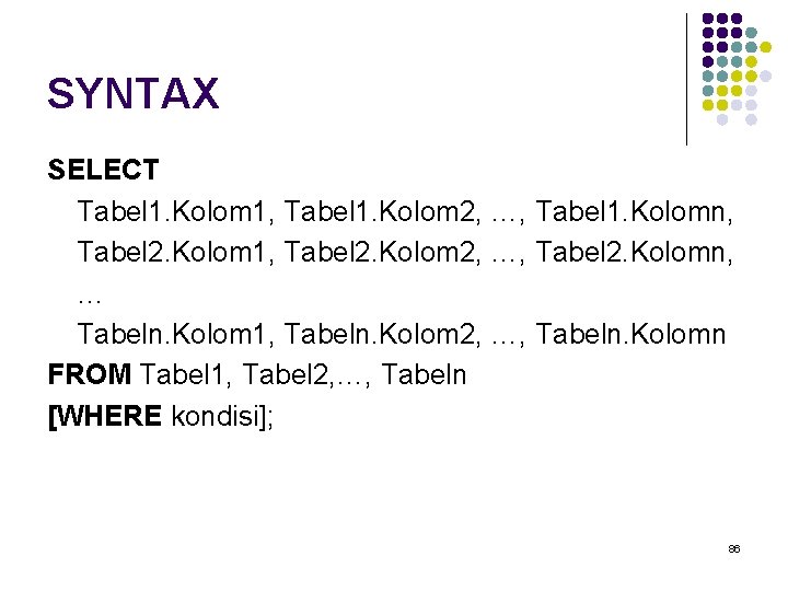 SYNTAX SELECT Tabel 1. Kolom 1, Tabel 1. Kolom 2, …, Tabel 1. Kolomn,