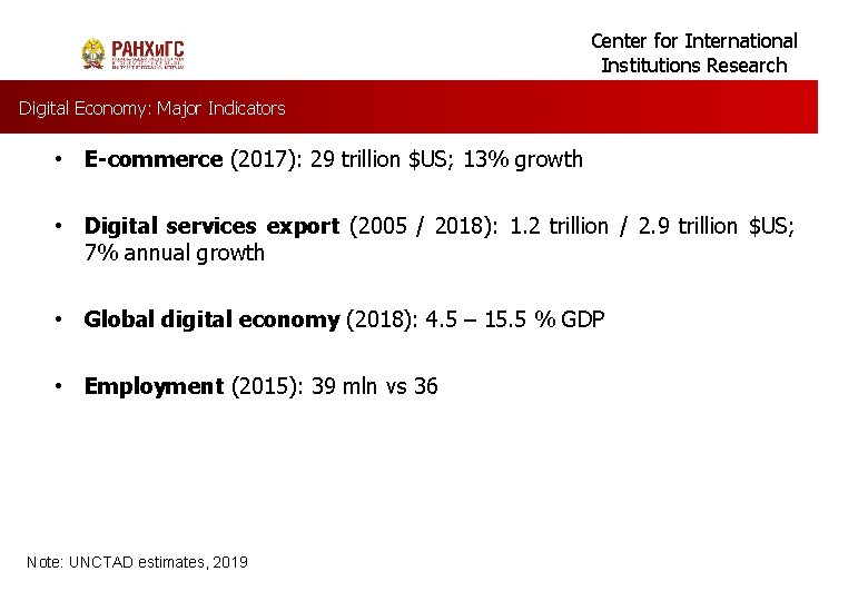 Center for International Institutions Research Digital Economy: Major Indicators • E-commerce (2017): 29 trillion