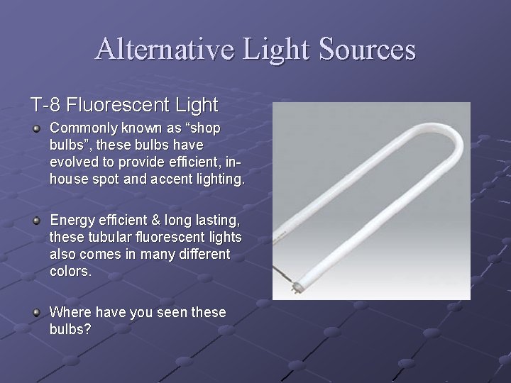 Alternative Light Sources T-8 Fluorescent Light Commonly known as “shop bulbs”, these bulbs have